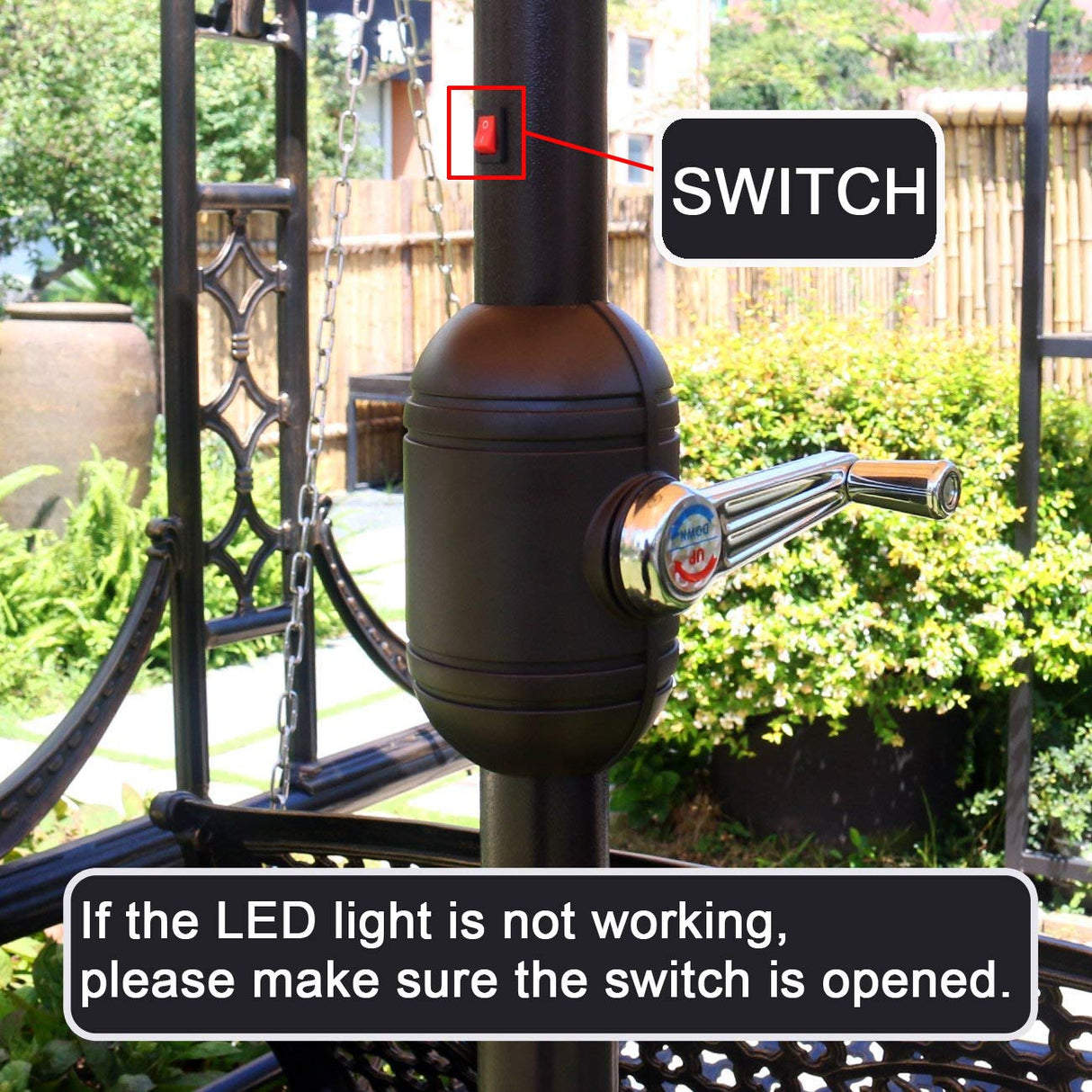 Sunnyglade 9' Solar 24 LED Lighted Umbrella with 8 Ribs Adjustment and Crank Lift System for Patio - Black and White Sunnyglade