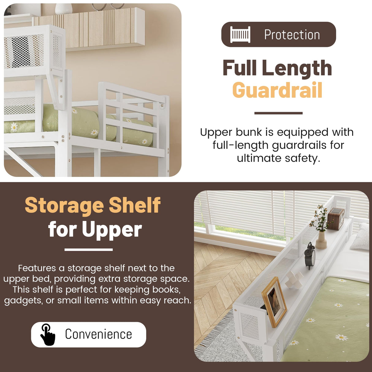 MoproBeti Bunk Bed with Desk,Upper Shelf & Storage Bookshelves,Metal L-Shaped Full Over Twin Bunk Beds with LED & Charge Station,Full Loft Bed w/Ladder,Safety Guardrail for Boys Girls,White MoproBeti
