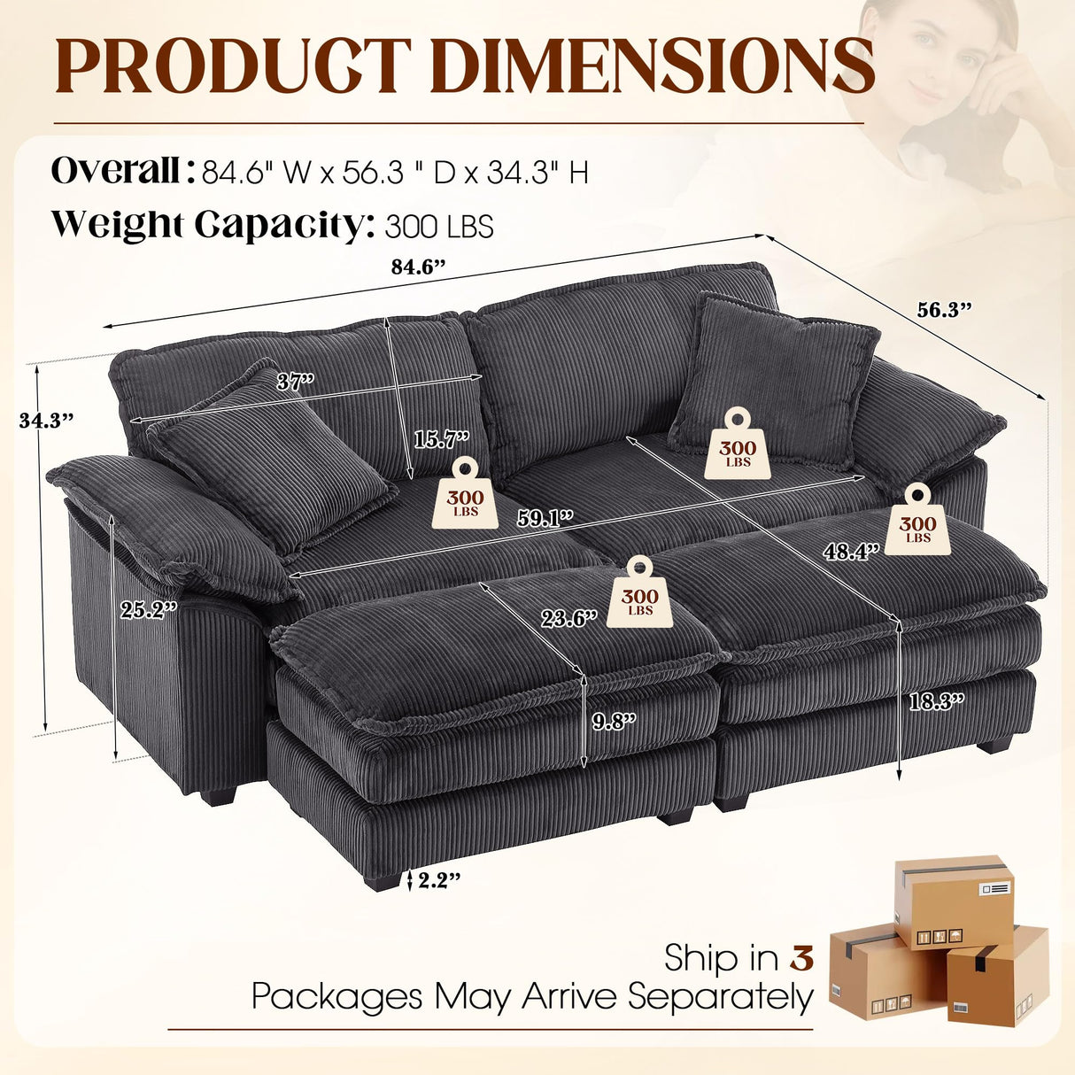 84.6'' Modular Sectional Sofa for Living Room, Comfy Corduroy Double Layer Upholstered Loveseat Sofa, Sleeper Sofa Cloud Couch with Moveable Ottoman, 2 Pillows and Detachable Armrest, Grey SLEERWAY