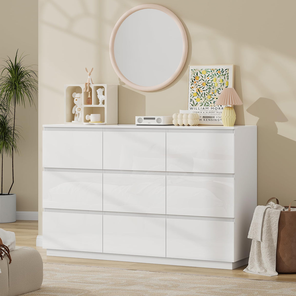 wanan 9 Drawer Dresser, Glossy White Dresser with LED Lights & Charging Station, Ball Bearing Slide wanan