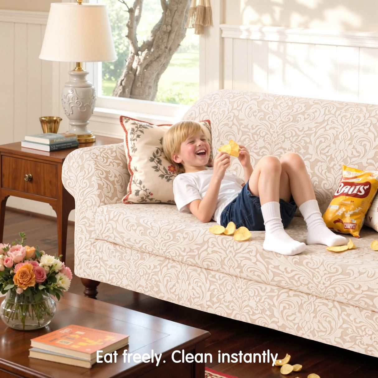 SUBRTEX 2 Piece Couch Covers, Jacquard Damask 3 Seater Sofa Cover with Seat Cushion, Stretch Sofa Slipcovers Non Slip Furniture Protector for Dogs Pets (Large, Khaki) SUBRTEX