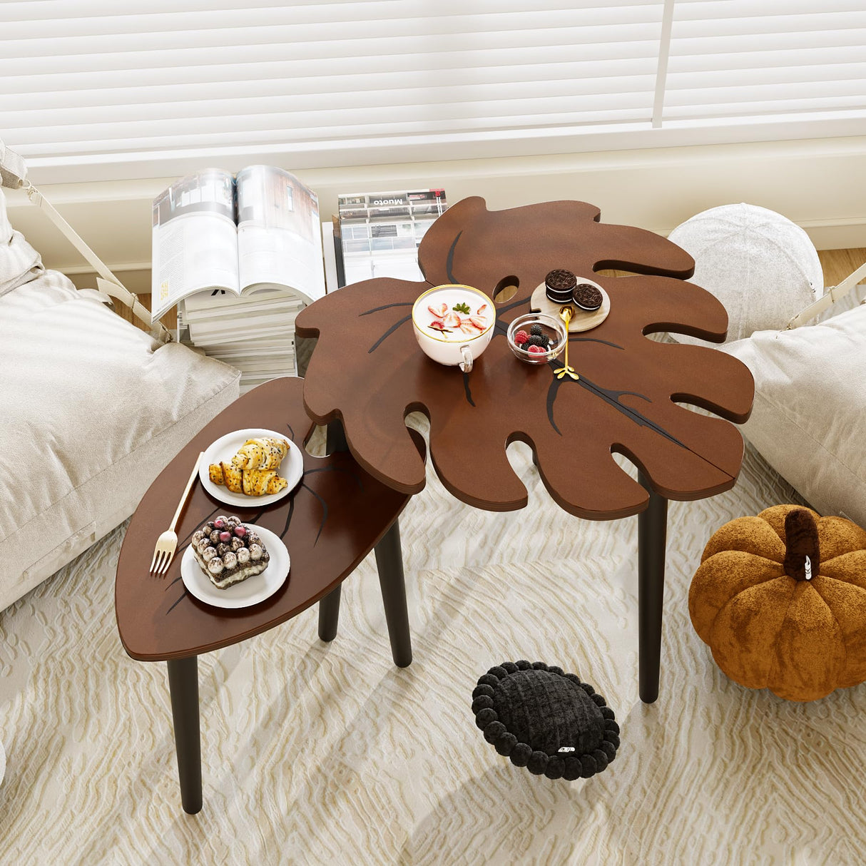 BAMEOS Monstera Leaf Nesting Tables Set of 2, Small Side Tables f Set with Leaf Vein Pattern, Modern Wooden CoffeeTables for Living Room Bedroom Apartment Balcony Yard BAMEOS
