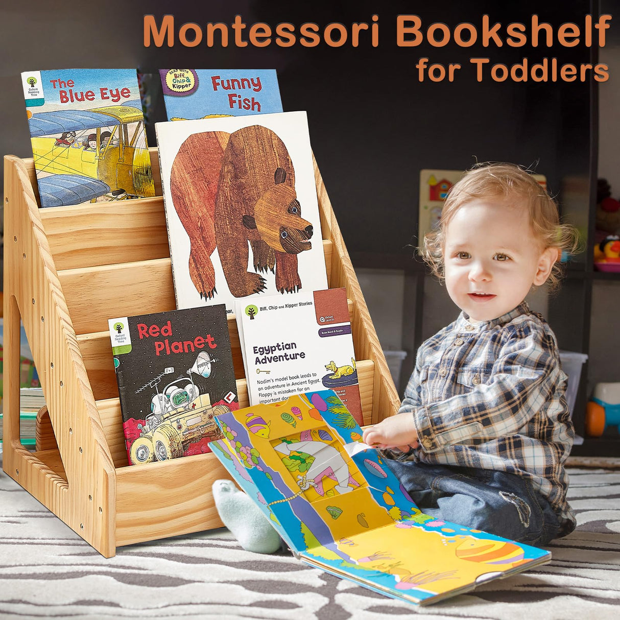 Front-Facing FUNLIO Montessori Bookshelf for Toddlers - Premium Pine Bookcase with Handles & Safety Features FUNLIO