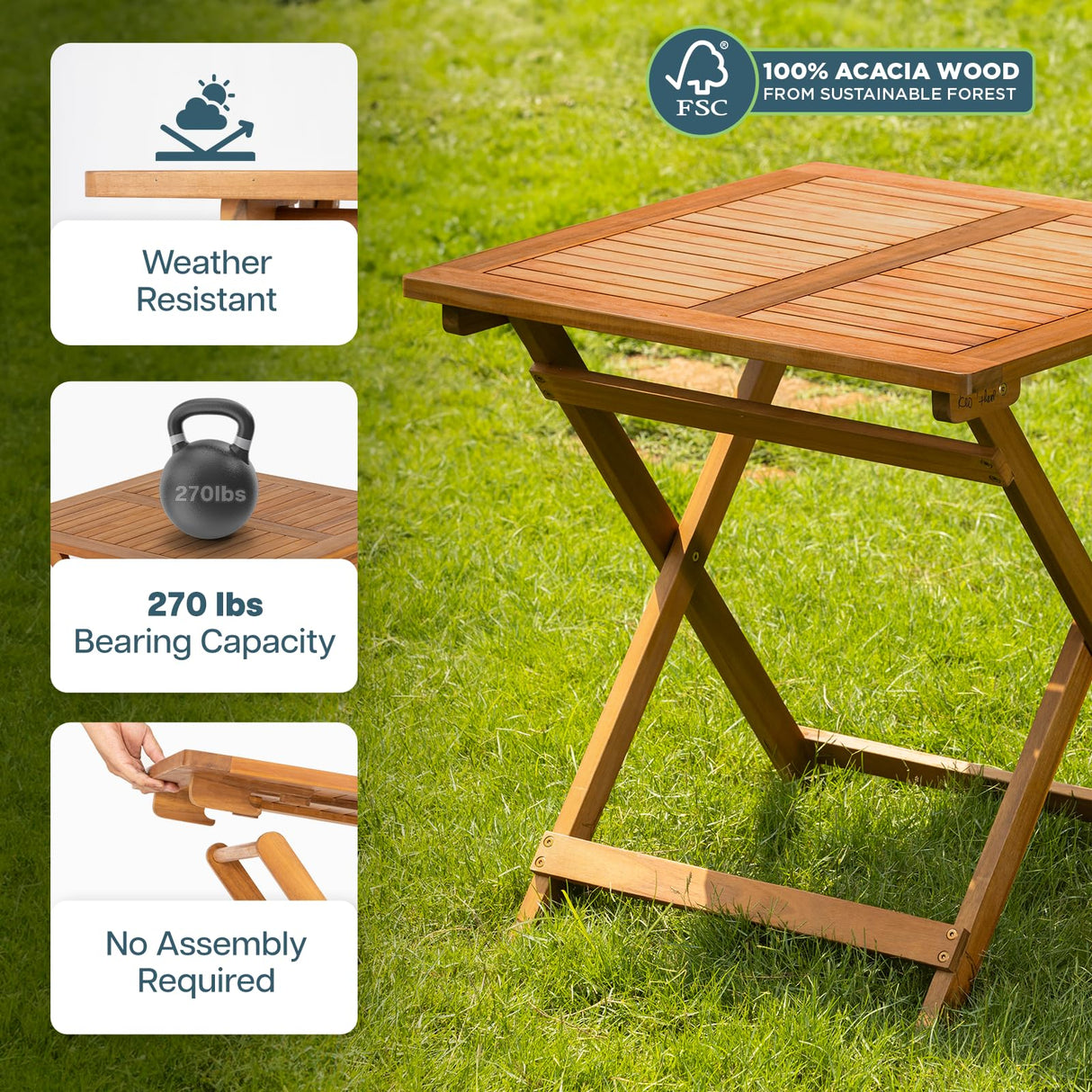 Idzo FSC Acacia Wooden Folding Table, Heavy Duty 270lbs Capacity, Rustic Garden, Backyard, Porch, Patio, Easy Assembly, Large Size, Legolas - Elegant Design IDZO
