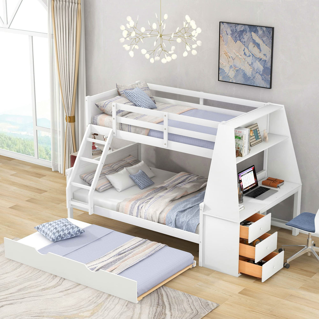Modern Twin Over Full Bunk Bed with Desk, Trundle, and Storage Drawers in White Bellemave
