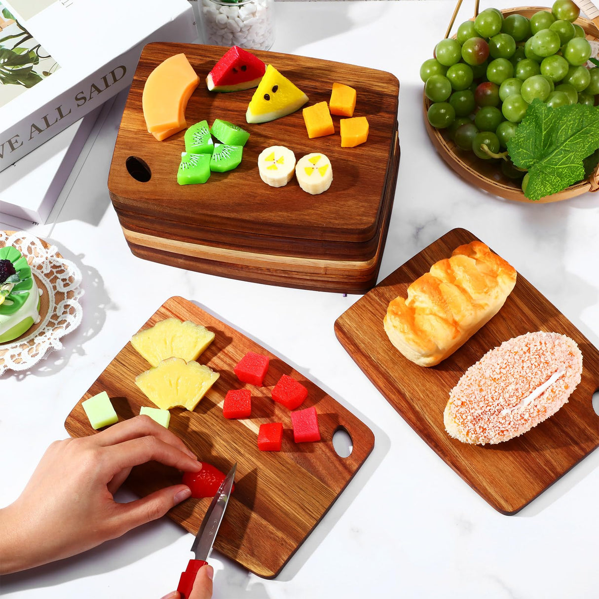 FoldTier 12 Pcs Bulk Wooden Cutting Board Small Kitchen Charcuterie Board with Handle Blanks Serving Cutting Board Tray with Oval Hole in Corner Housewarming Gift, 8 x 6 Inch(Acacia Wood) FoldTier