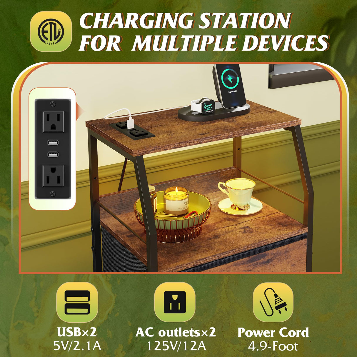 WLIVE 4 Drawer Dresser for Bedroom, Nightstand with Charging Station and Led Light, Tall Night Stand Bed Side Table, End Table with USB Ports and Outlets, Fabric Bins, Wood Shelf, Rustic Brown WLIVE