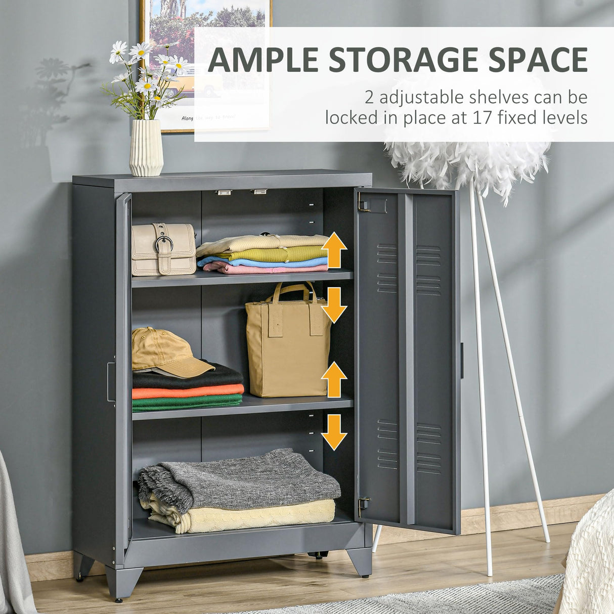 HOMCOM Industrial Storage Cabinet, Steel Garage Cabinet with Double Doors and Adjustable Shelves, Grey HOMCOM