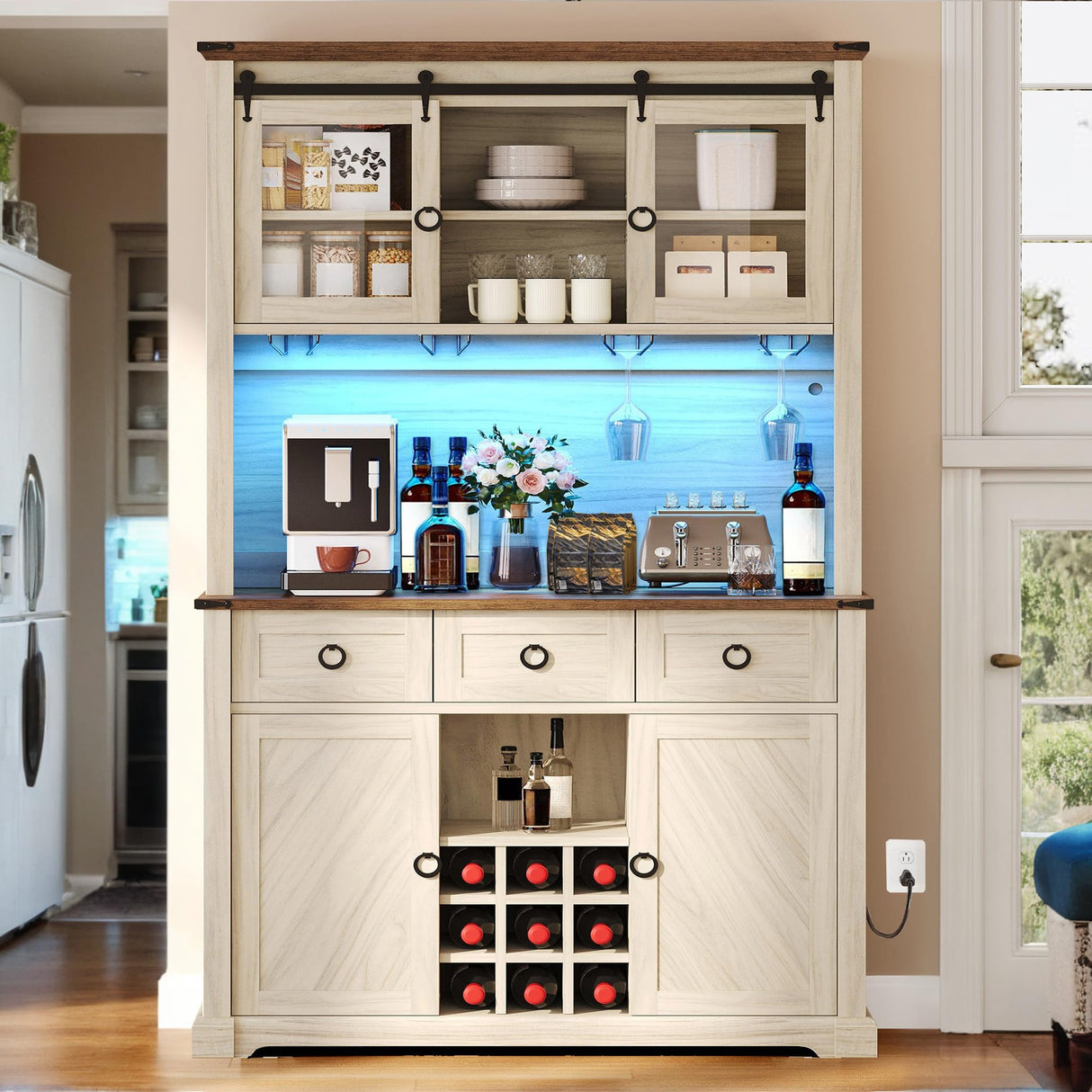 DWVO 72" Farmhouse Bar Cabinet with LED Lights & USB Charging, Wine Glass Holder & 9-Bottle Rack, Coffee Bar Sideboard with Sliding Doors, Off White+Walnut Grain DWVO