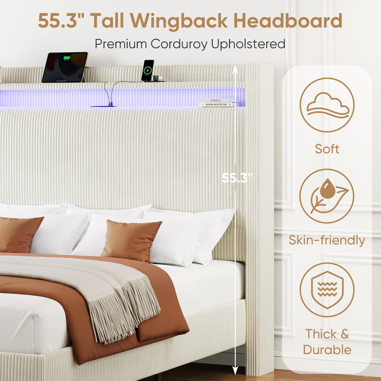 Queen Bed Frame with Tall Headboard, 55.3" Upholstered Platform Queen Size Bed Frame, Elegant Corduroy Wingback Bed with LED Lights & Charging Station, No Box Spring Needed, Solid Wood Slats, Cream Welzona
