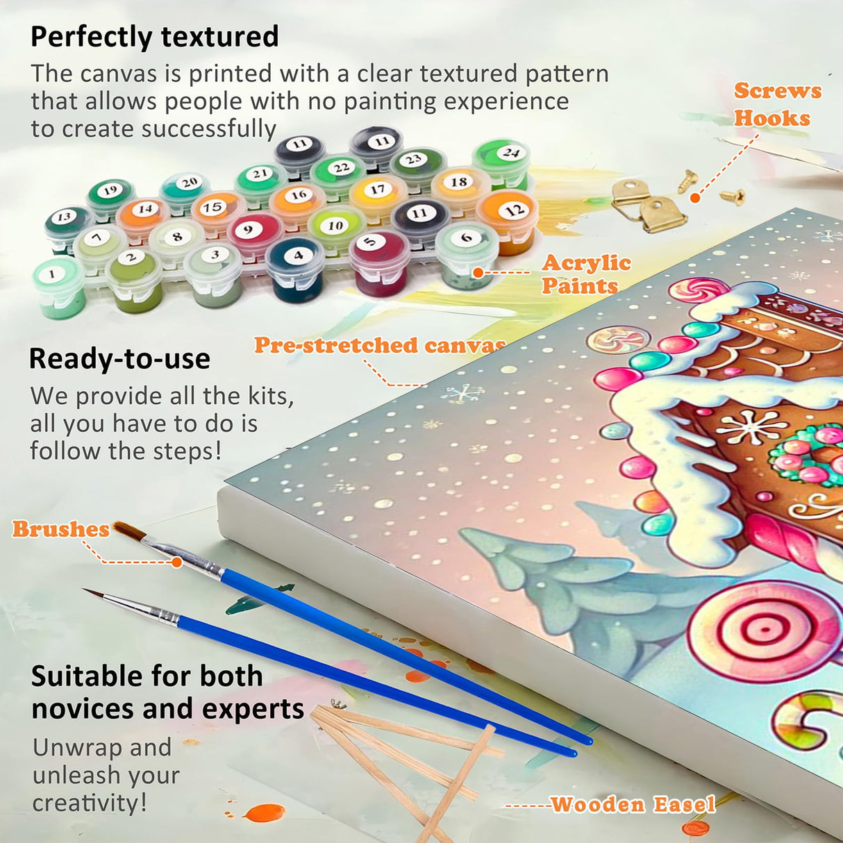 Christmas Paint by Numbers Kit for Kids with Frame - Candy House Paint by Number for Kids, Christmas Kid Painting by Number Kits Age 5-8 for Home Wall Decor 8X8inch (with Wooden Easel) ajepon