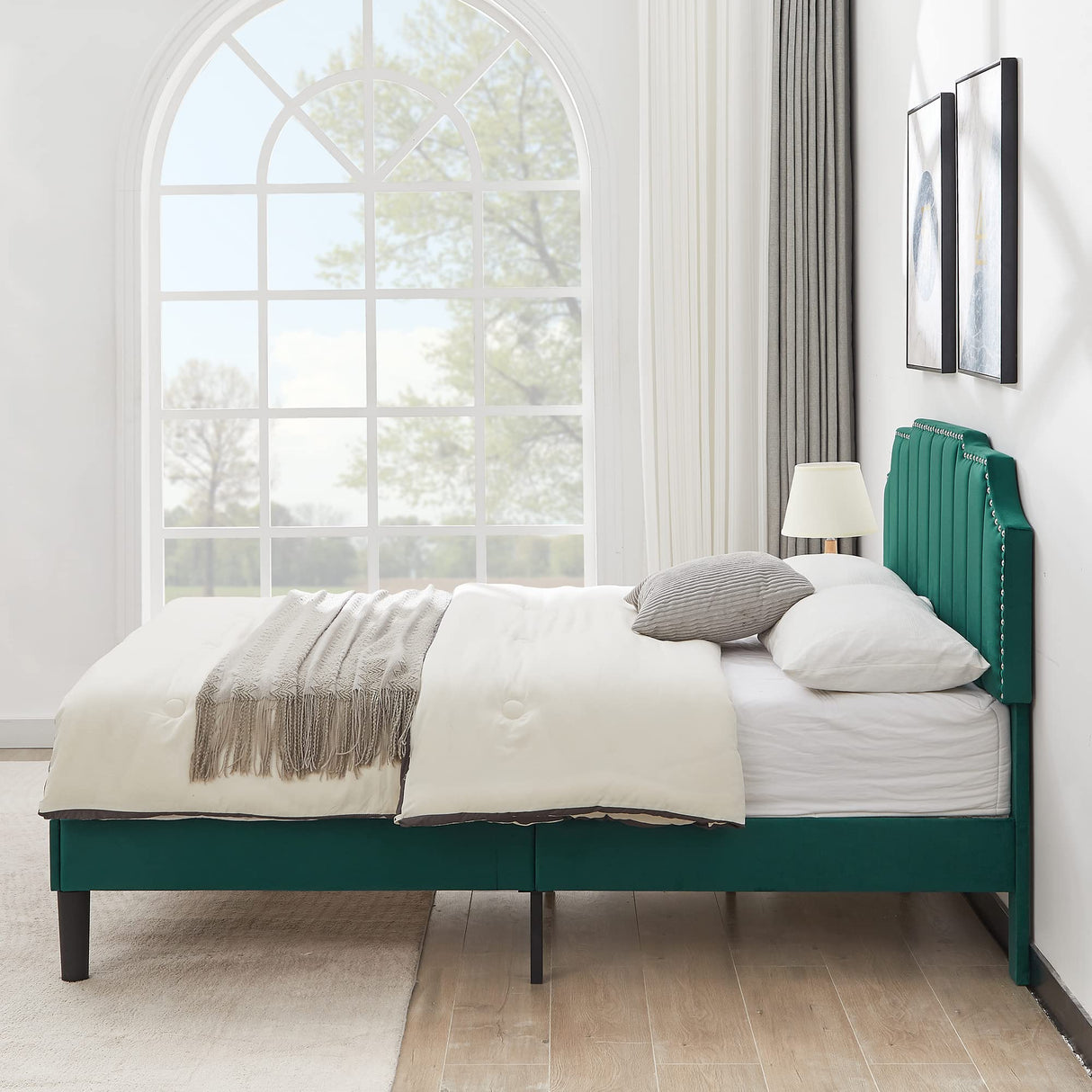 VECELO Full Size Upholstered Platform Bed Frame with Tufted Adjustable Headboard/Mattress Foundation/Wood Slat Support,Easy Assembly,Dark Green VECELO