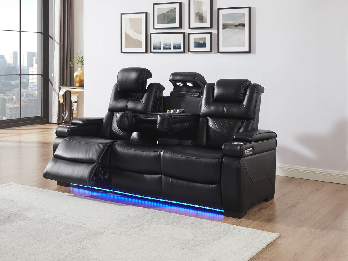 THSUPER Power Breathable Leather Reclining Sofa and Loveseat Set with LED Light, Home Theater Seating Recliner Couch with Adjustable Headrest/Reading Light/USB Port/Bluetooth Speaker, Black THSUPER