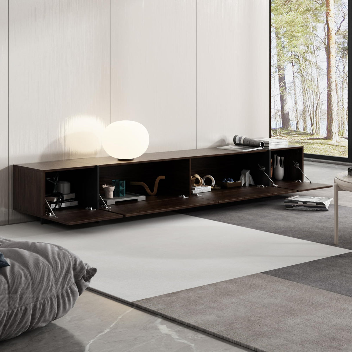 AIEGLE Modern TV Stand with 4 Flip-Down Drawers, Entertainment Center with Storage, Media Console Table TV Cabinet for Living Room, Bedroom, Dark Brown (95.7" W x 15" D x 15.7" H) AIEGLE