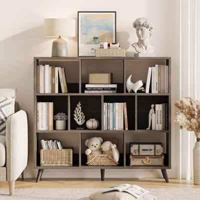 10 Cube Bookshelf, 3 Tier Wooden Book Shelf, Modern Black Short Bookcase with Solid Wood Legs, Small Book Cases Vintage Wide Storage Organizer with Open Shelf for Kids, Small Spaces, Bedroom, Office