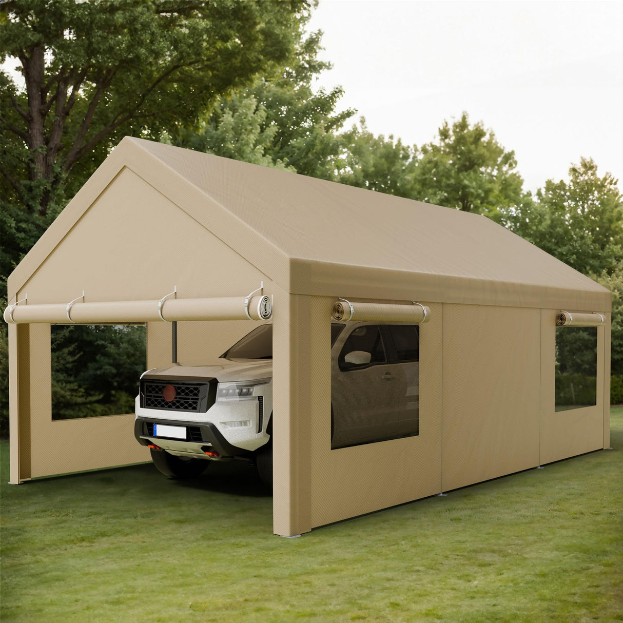 Shintenchi Carport 10' x 20' Heavy Duty Portable Garage, Car Port Canopy with Side-Opening Removable Door & Roll-Up Windows, Car Canopy for Truck, Boat, Motorcycle, Khaki Shintenchi