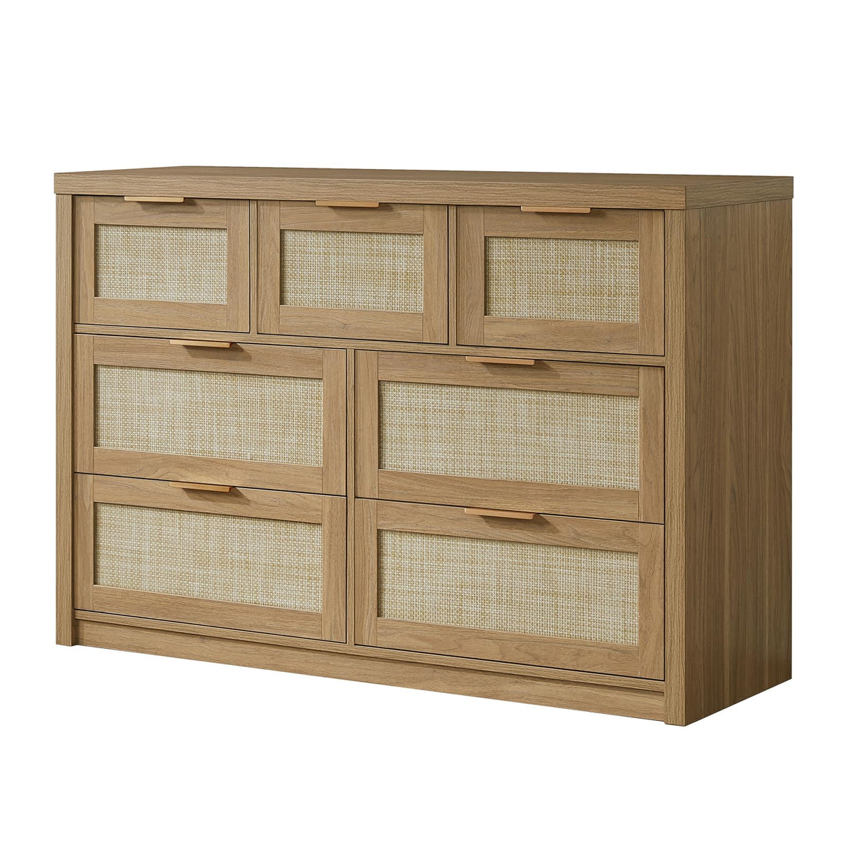 OAKHAM HOME 7 Drawers Dresser, Rattan Dresser TV Stand for Bedroom Closet, Wood Chests of Drawers with Metal Handle and Wide Drawers, 52.76" W x 17.71" D x 31.69" H OAKHAM HOME