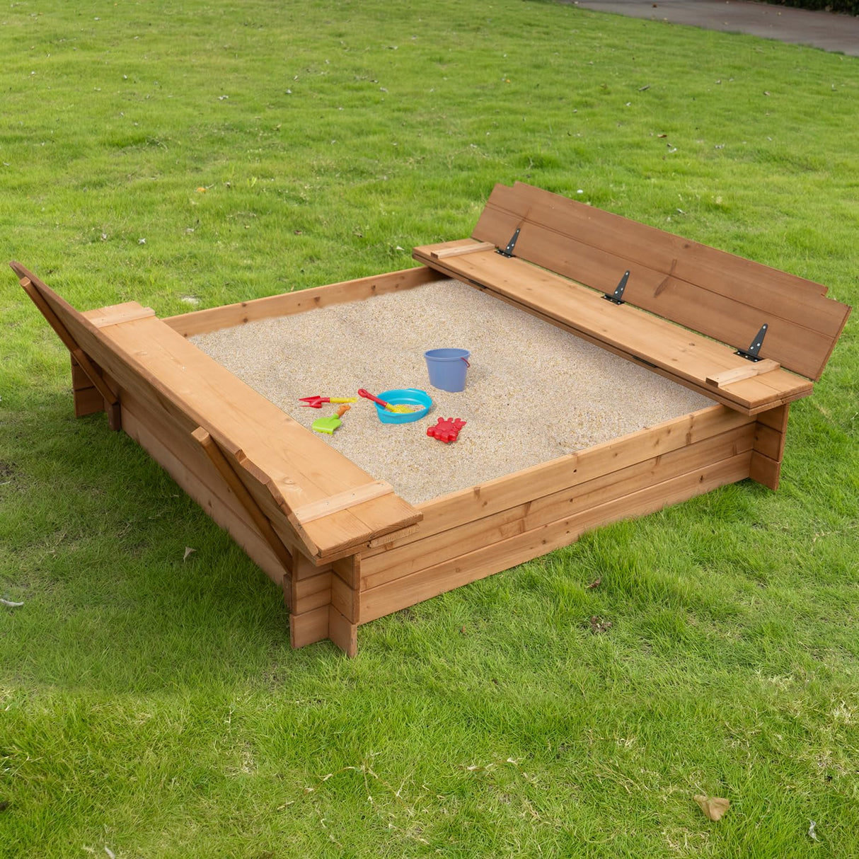 BIRASIL Wood Sandbox with 2 Bench Seats, Sand Boxes with Lid for Kids, Sand Pit with Cover for Outdoor Backyard Patio, 48 Inch BIRASIL