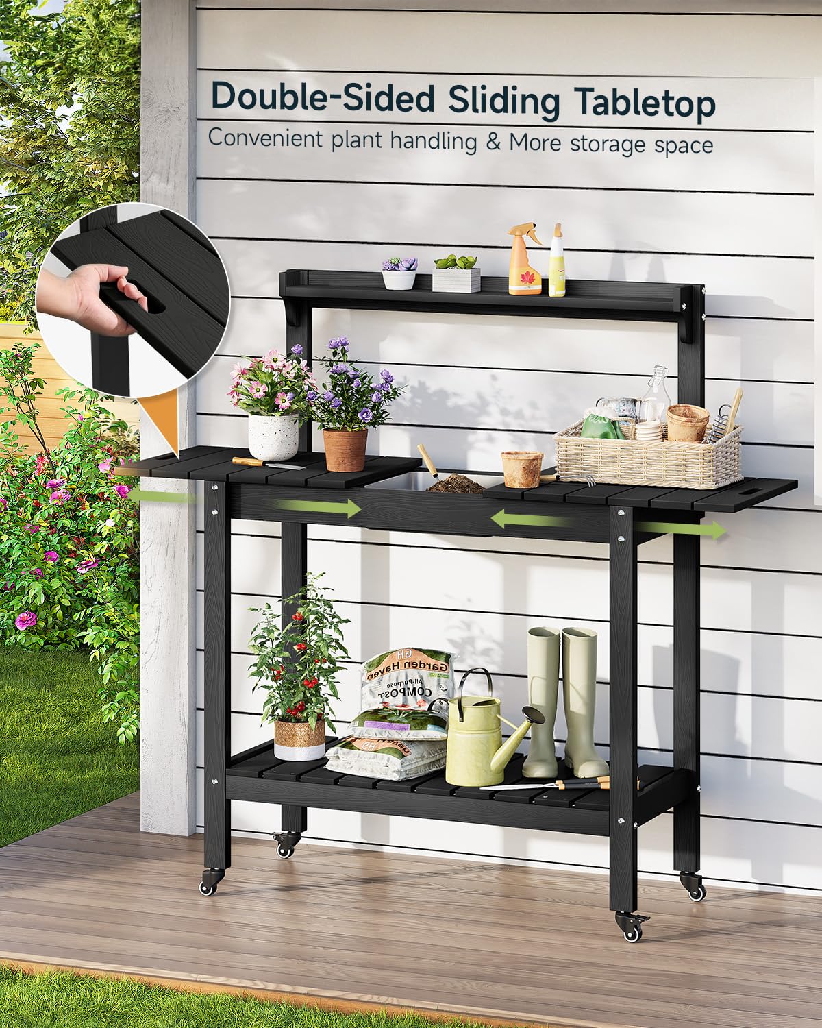 ONBRILL HDPS Outdoor Potting Bench with Sliding Tabletop/ 4 Wheels/Removable Sink, All-Weather Outside Garden Work Table, No Rust/Fade/Break, Potting Station for Porch, Patio & Backyard (Black) ONBRILL
