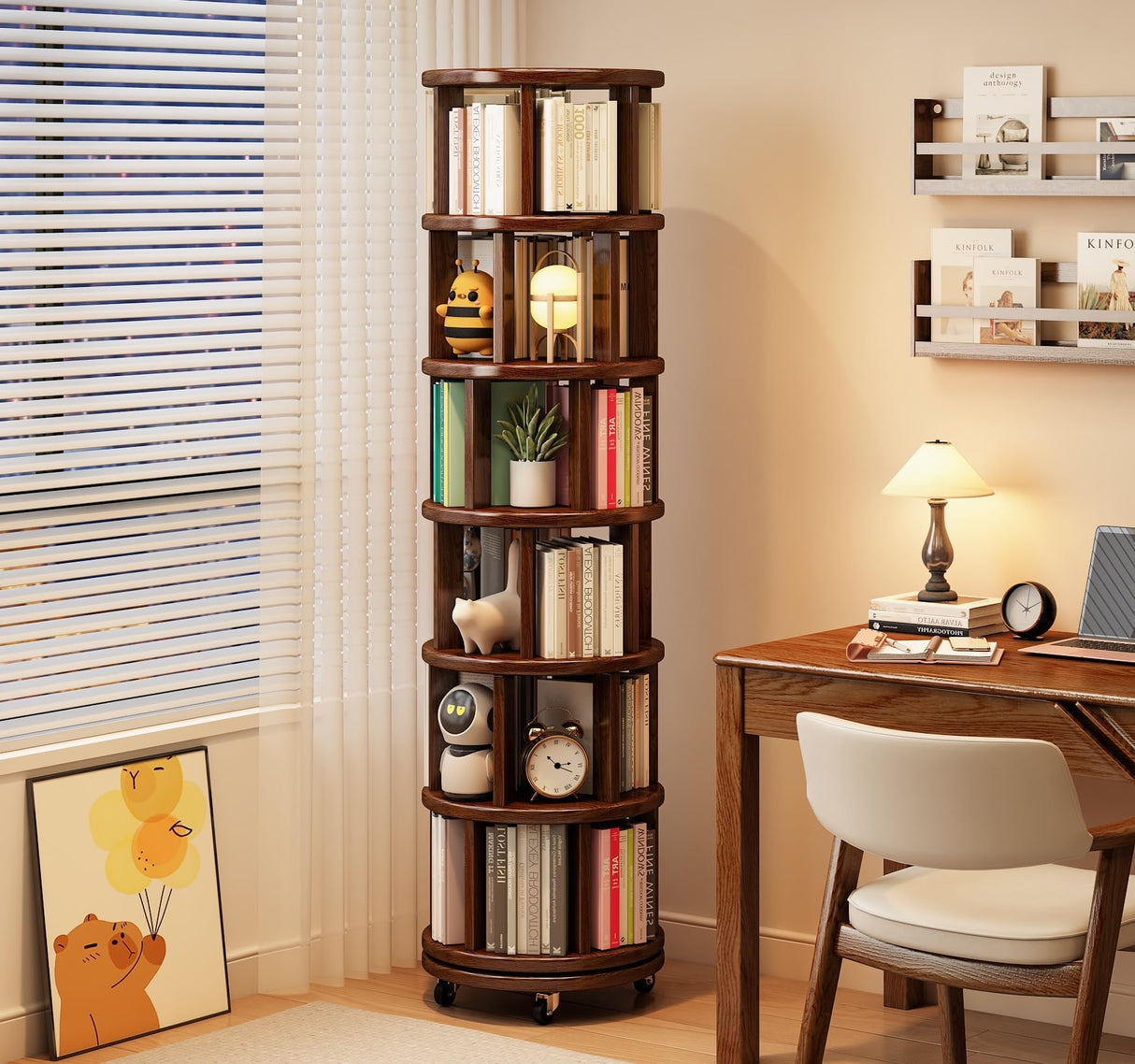 MKSDJIW 6 Tier Rotating Bookshelf, Solid Wood Spinning Bookcase Tower, 360° Spinning Book Shelf Tower for Kids, Narrow Rolling Bookshelves for Small Space, Bedroom, Office MKSDJIW