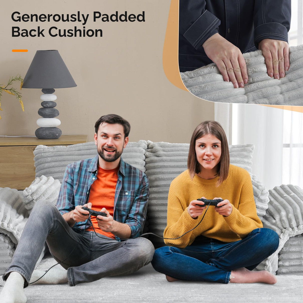 VINGLI 56" Oversized Chaise Lounge Chair, Light Grey Comfy Corduroy Chaise Sofa Recliner Bed Upholstered Sleeper Couch Bed with Throw Pillows and Armrests for Living Room, Movie Room, Bedroom VINGLI