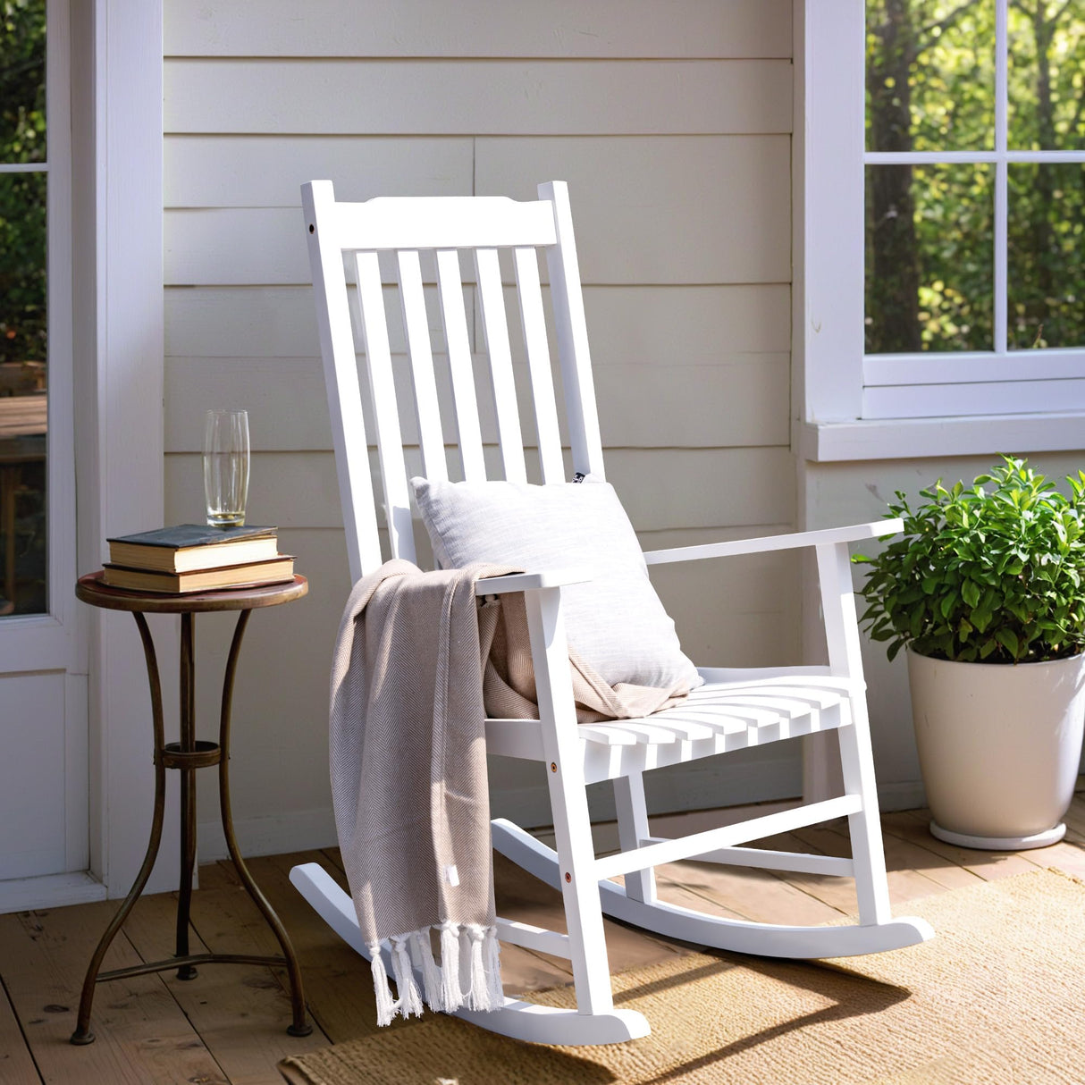 Flamaker Outdoor Rocking Chair Oversized Wooden Patio Chairs with Widened Armrest High Back Porch Rocker for Lawn, Garden, Backyard, Fire Pit (White) Flamaker