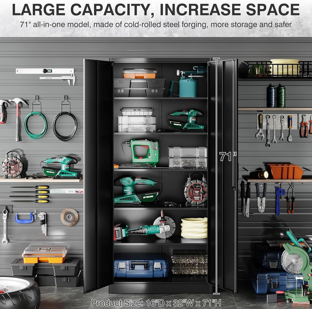 Daokesecr Metal Storage Cabinet, Kitchen Pantry Cabinet, Storage Cabinet with Doors and Shelves, 5 Adjustable Shelves Garage Storage Cabinet with Lock, Tool 71'H Black Daokesecr