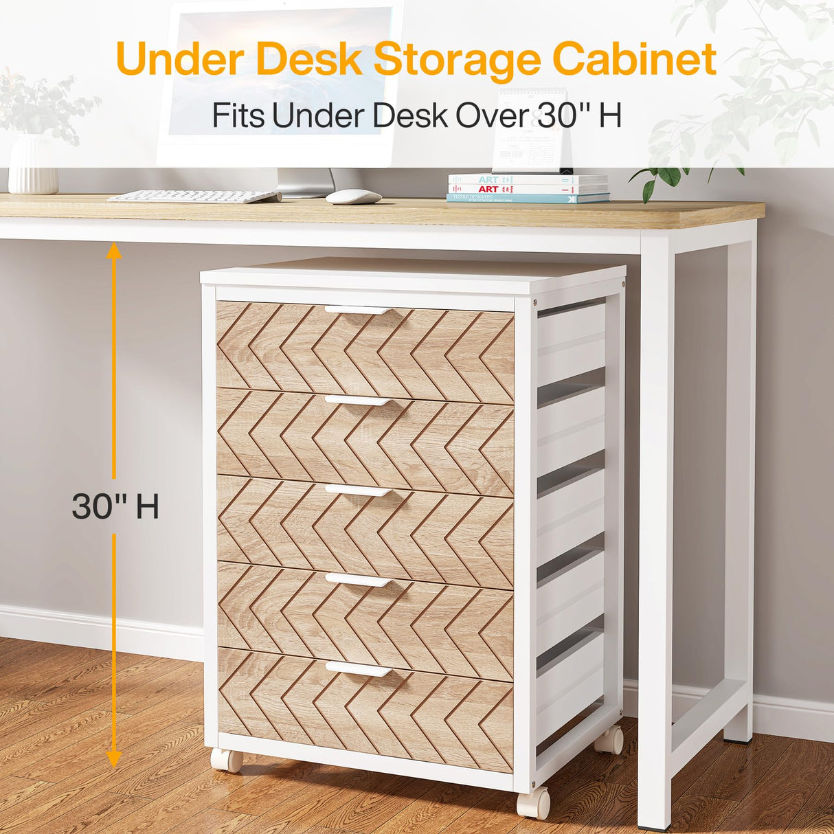 Tribesigns 5-Drawer File Cabinet, Wood Mobile Storage Drawer Unit, Industrial Office Cabinet with Drawers & Wheels, Rolling Printer Stand for Home Office (White & Beige) Tribesigns