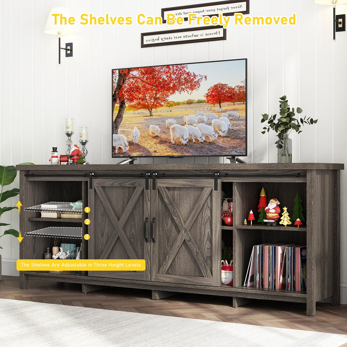 70In Farmhouse TV Stands for 70 75 80inch TV w/Adjustable Shelves,Sliding Barn Door.Rustic Wooden Entertainment Center,TV Console Grey Cabinet w/Storage for Bedroom Living Room(Dark Grey 70in) Elibeauty