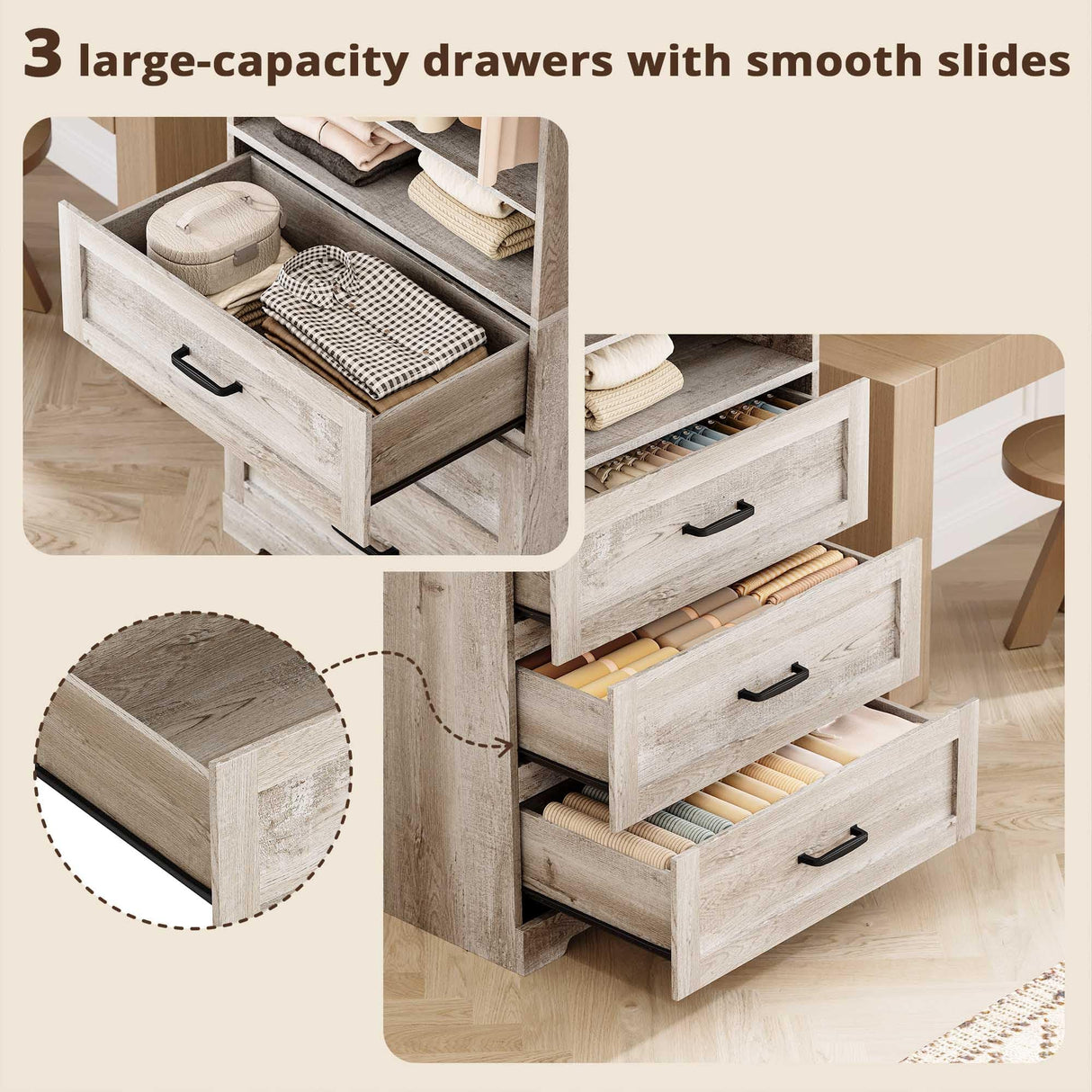 IRONCK Freestanding Closet System with 3 Wood Drawers, Modern Armoire Wardrobe with Adjustable Shelves & Hanging Rod, Walk-in Closet Systems Organizer, Rustic Maple IRONCK