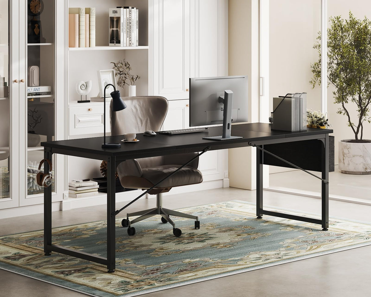 ODK 71 Inch Large Computer Desk Home Office Desk, Long Modern PC Desk Work Table with Headphone Hook & Fabric Bag for Storage, Spliced Board, Black ODK