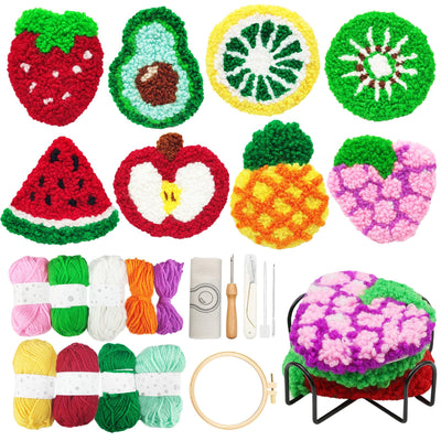 Soleeya Punch Needle Kits Adults Beginner 8 Pcs Punch Needle Coaster Kit Fruit Patterns Stitching Punch Embroidery Including Yarn Hoop Needle and Video Tutorials, Rug Tufting Coaster DIY Craft Gifts