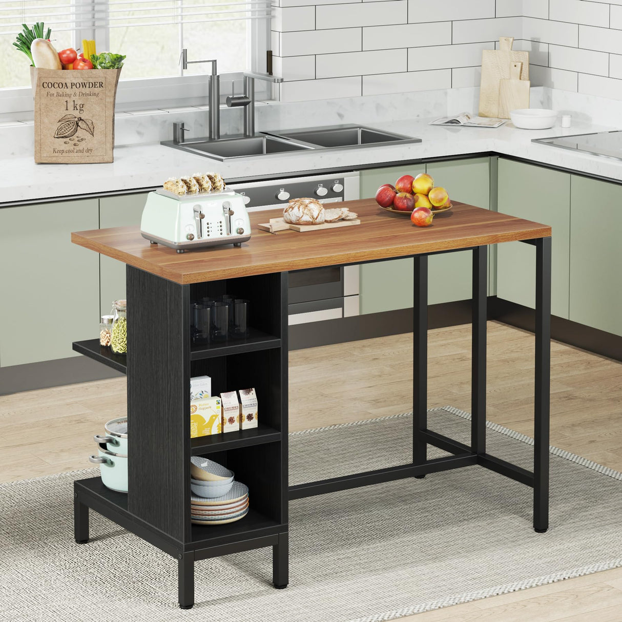 Tribesigns Kitchen Island, Kitchen Shelf Kitchen Bar Table with 5 Open Storage Shelves and Large Worktop, Industrial Butcher Block Island (Stools Not Included) Tribesigns