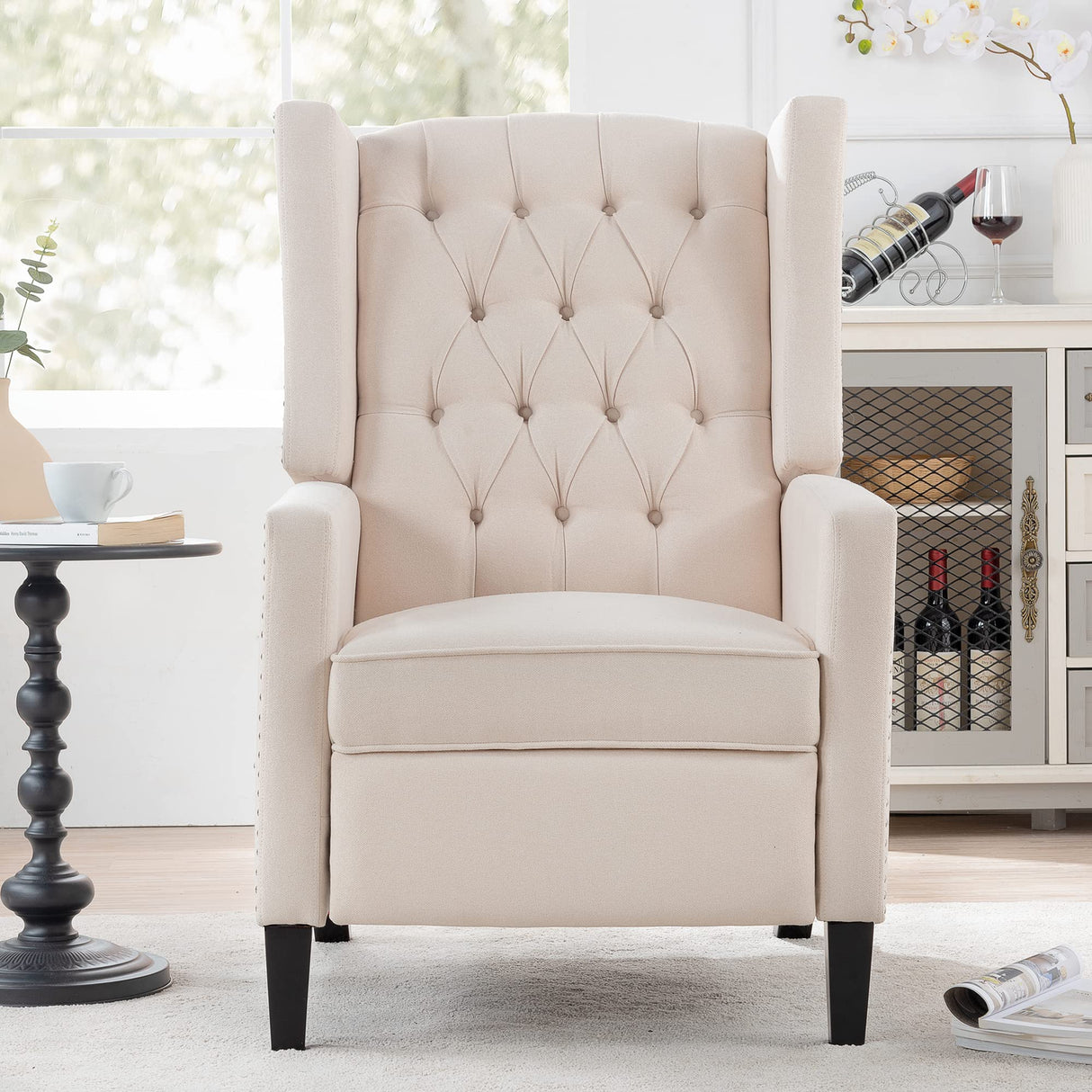 Push Back Recliner Chair,Easy Chairs for Small Spaces,Comfy Armchair,Reading Recliner Chairs for Adults,Living Room Accent Chair, Wingback and Rivets Design for Modern Recliner Chair(White) NITYASUNDARA