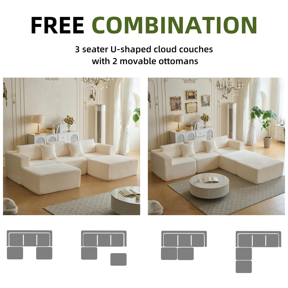 110" Modular Sectional Couch with 2 Movable Ottoman, Cloud Sofa Couches for Living Room, U Shaped Deep Seat Boneless Sofa,Luxury Corduroy Fabric, No Assembly Required White Veloflow