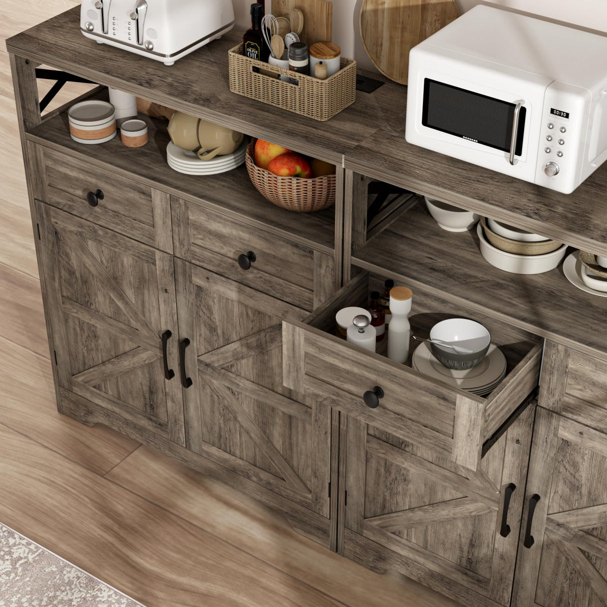 31.5" Rustic Grey Farmhouse Storage Cabinet with Barn Doors and Drawers, Sideboard Buffet Cabinet with Storage, Kitchen Pantry Hutch Cabinet, Coffee Bar Station Table for Kitchen, Livingroom, Bathroom FiveWillowise