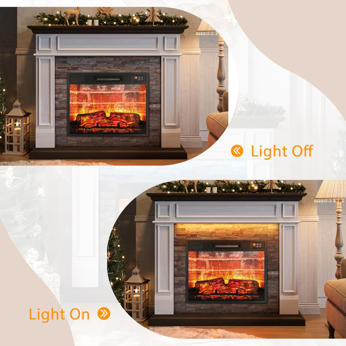 44" Electric Fireplace Mantel, LED Farmhouse TV Stand with Electric Fireplace Heater, Stacked Stone Surround and Remote Control 3D Realistic Flame, White Fireplace for Living Room Bedroom Naice