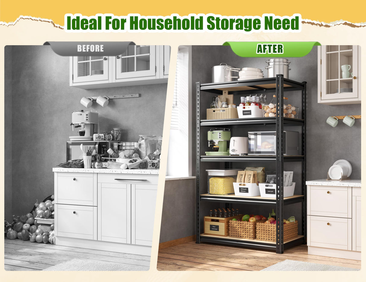 DurayLoly Set of 2 Storage Shelves 27.7"W Metal Shelving 2010LBS Garage Shelving Heavy Duty Garage Shelves Adjustable 5 Tier Metal Shelf for Pantry Kitchen Closet Basement Warehouse 11.9"D×27.7"W×60"H DurayLoly