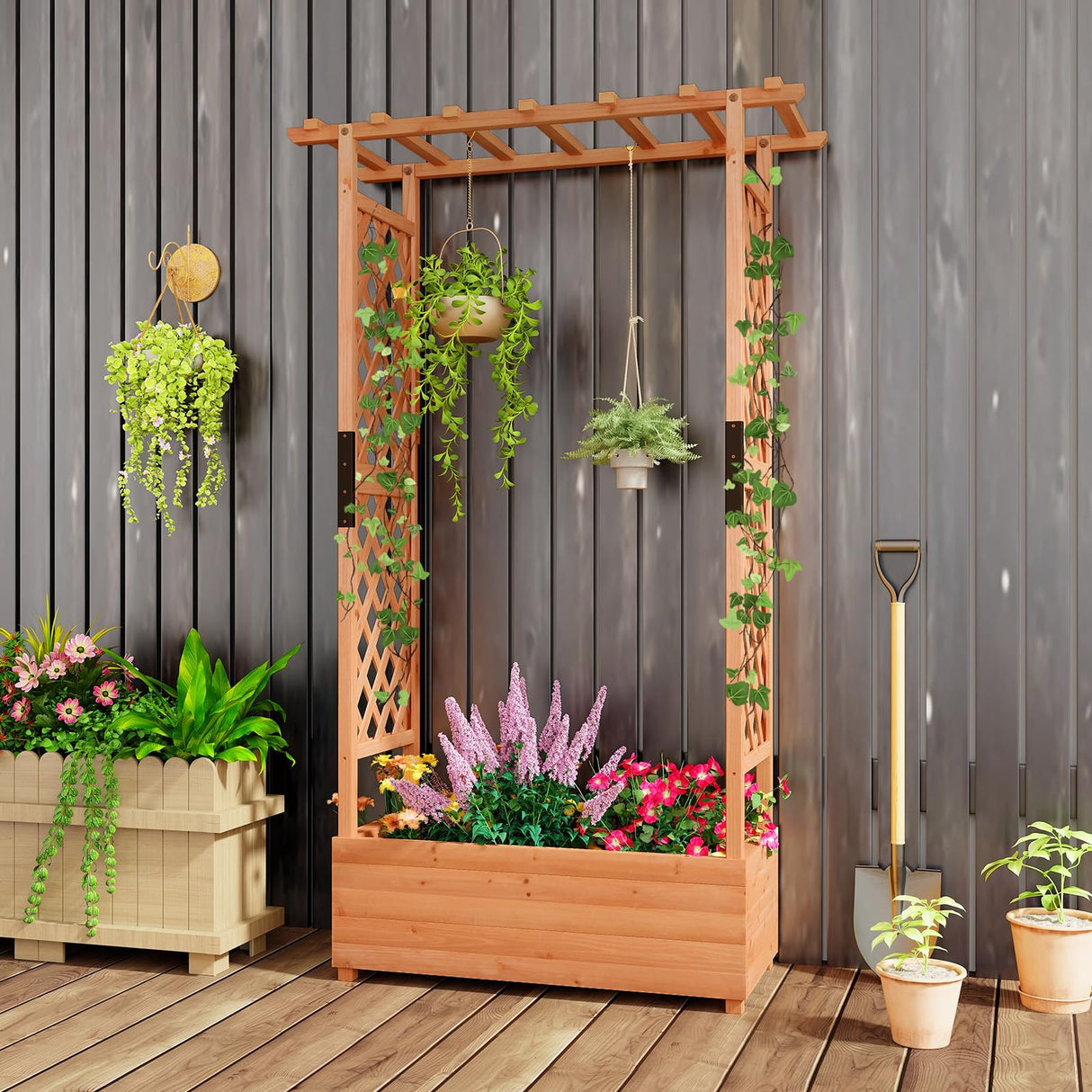 Giantex Set of 2 Raised Garden Bed with 2-Sided Trellis & Hanging Roof, Fir Wood Planter Box w/Drainage Holes, Freestanding Garden Planter for Flowers Herbs Climbing Vines (43.5" x 17.5" x 72") Giantex