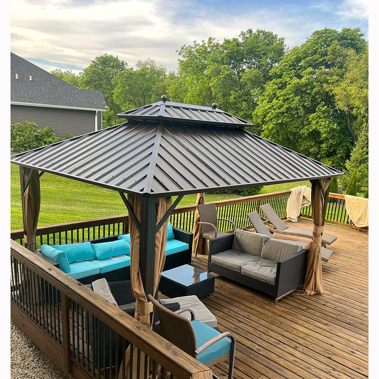 YOLENY 10' X 13' Hardtop Gazebo Galvanized Steel Outdoor Patio Gazebo Canopy Double Roof Pergolas Aluminum Frame with Netting and Curtains for Garden, Patio, Lawns, Parties YOLENY