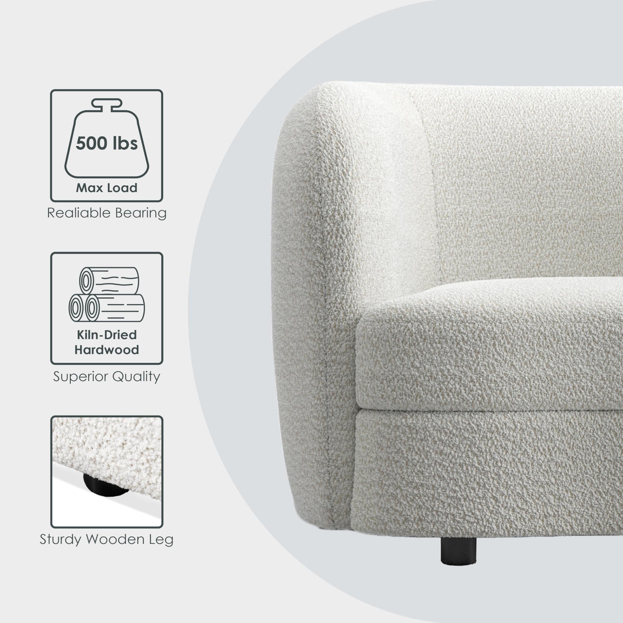 Furniture of America Nimiane Modern Boucle Sofa Couch with Curved Arms and Wooden Legs, Comfy Fabric Upholstered 3 Seater Couch for Living Room, Bedroom, Home Office, Off-White Furniture of America