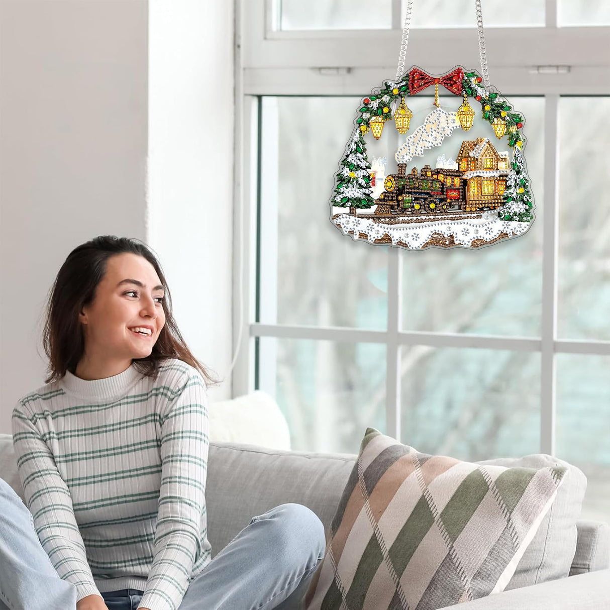 Yomiie Train House Sun Catcher Window Hanging - DIY Double Sided Diamond Painting Pendant Kit, Acrylic Diamonds Art Ornament for Front Door Sign & Indoor/Outdoor Garden Christmas Decor(8x8 inch) Yomiie