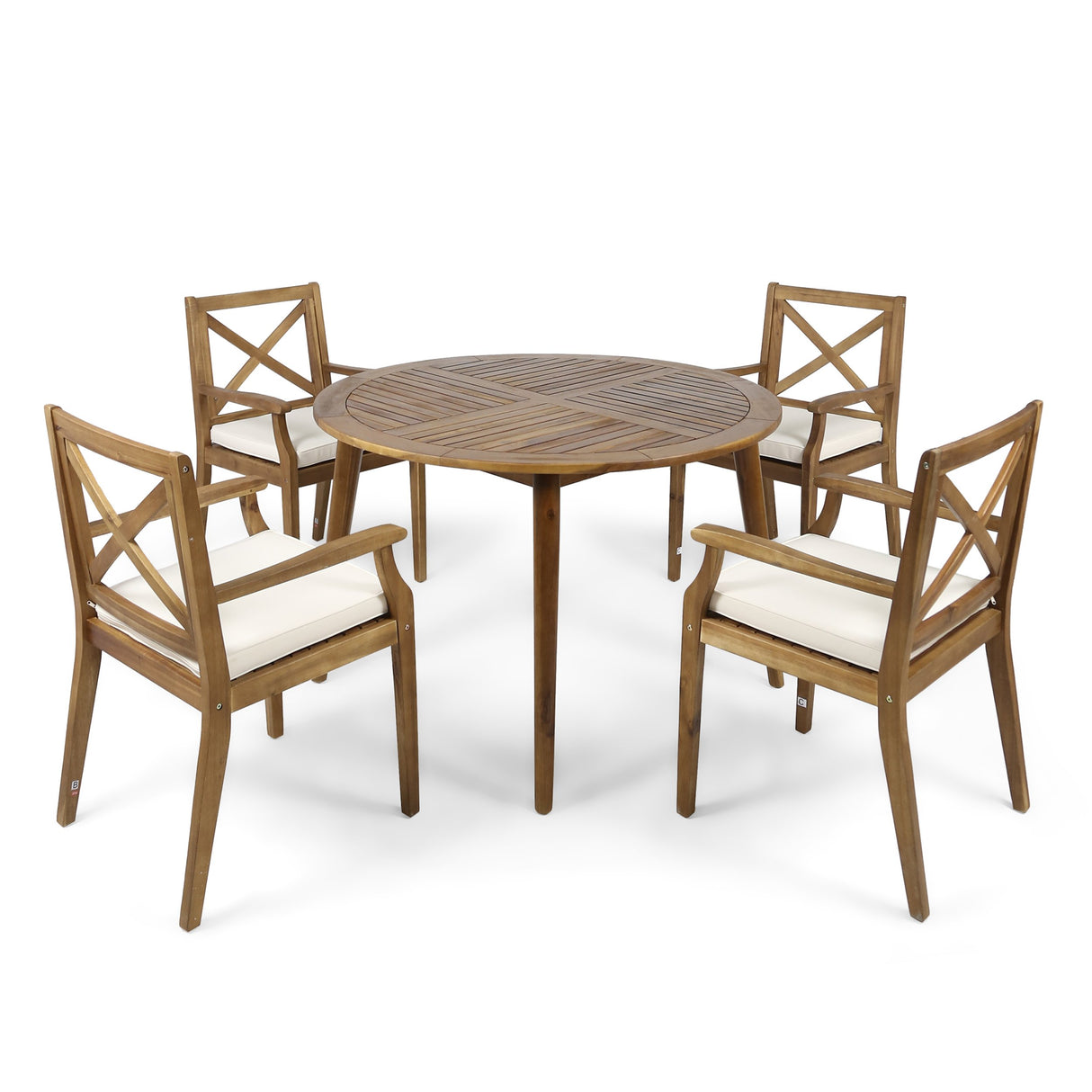 GDFStudio Outdoor 5 Piece Acacia Wood Dining Set with Cushions, Teak Finish and Cream GDFStudio