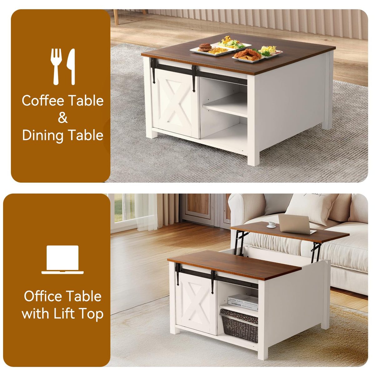 EDWINENE 31.5" Square Coffee Table, White Lift Top Coffee Table for Living Room, Morden Farmhouse Coffee Tables with Hidden Storage for Small Living Room, Bedroom EDWINENE