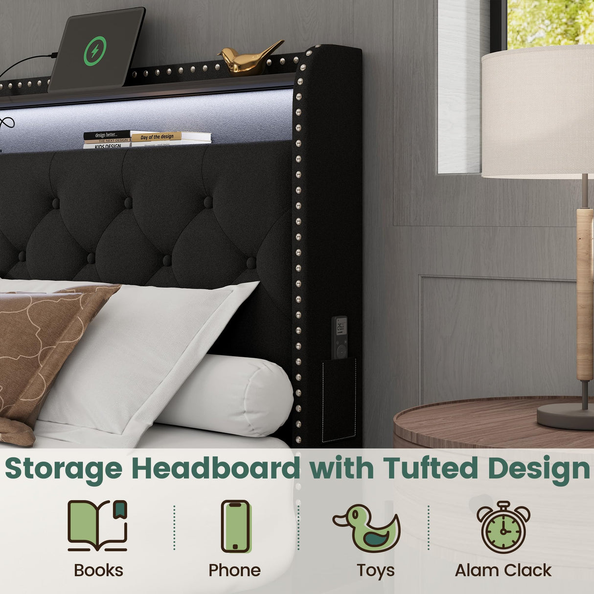 LARMACE King Size Bed Frame with LED Lights & USB Charging Station, Velvet Upholstered Platform Bed with Storage Headboard and 4 Drawers, No Box Spring Needed, Easy Assembly (Black, King) LARMACE