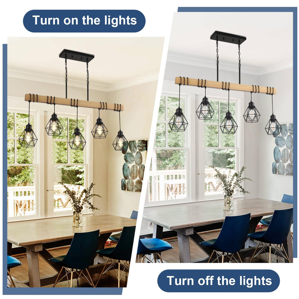 5-Light Kitchen Island Lighting,Modern Chandelier Over Table, Dining Room Light Fixture Hanging for Modern Farmhouse Linear Chandeliers Black Rustic Wood Ceiling Pendant Light Fixtures LmnLvn