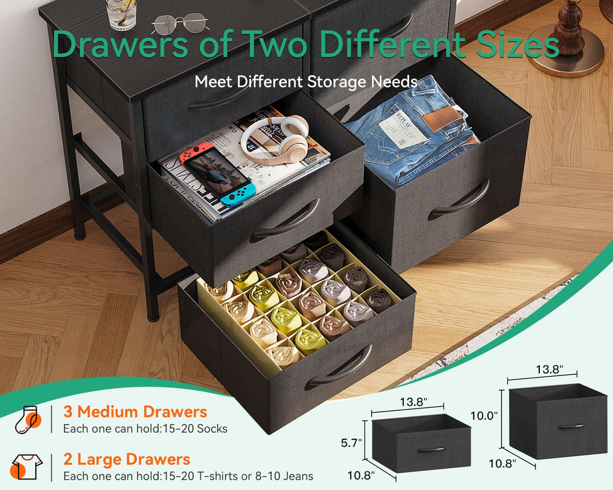 AODK Dresser for Bedroom Dresser TV Stand with 5 Storage Drawers, Small Fabric Dresser Chest of Drawers for Closet Organizer Clothes, Black AODK