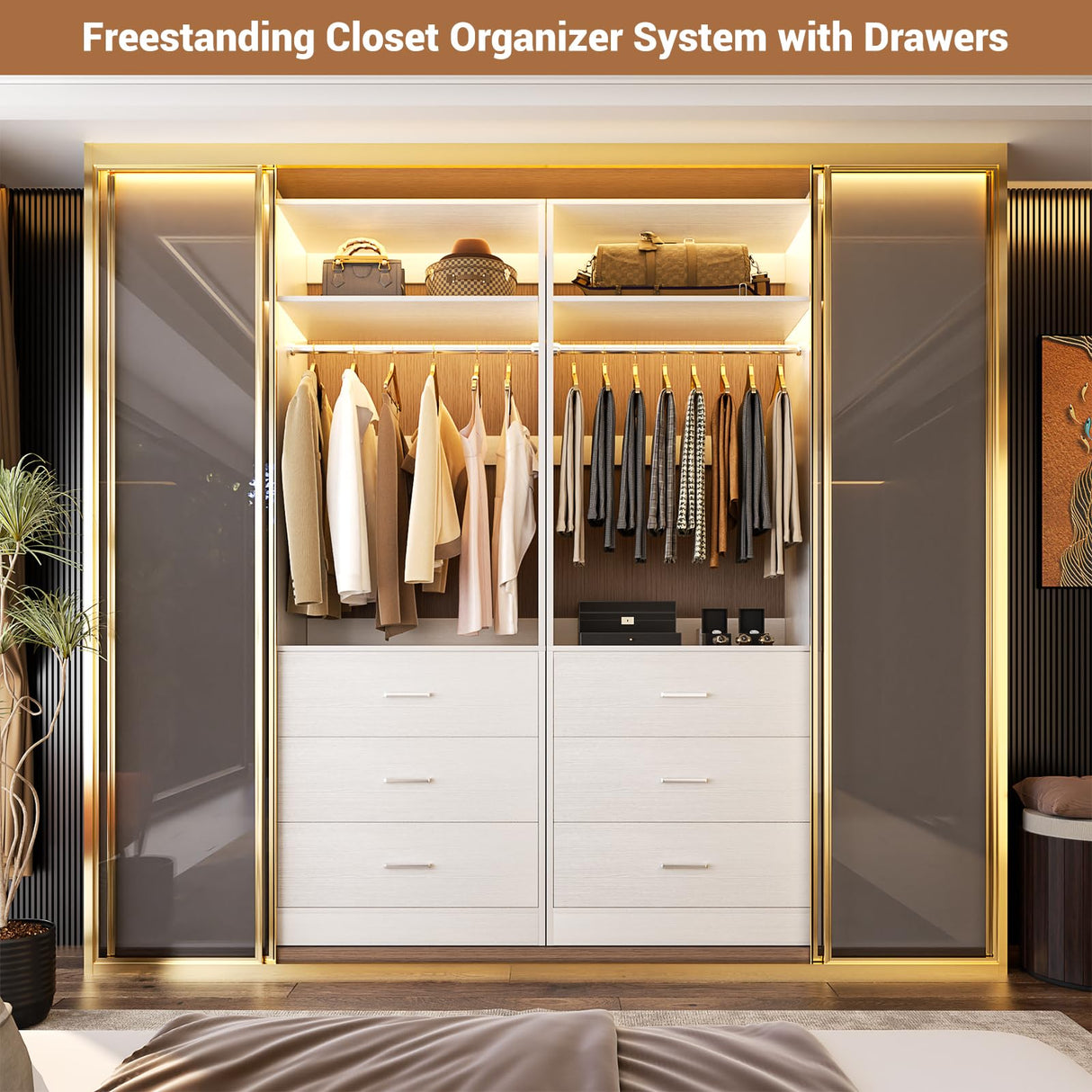 Besiost Closet System Set of 2, 4FT Closet Systems with 6 Wood Drawers, 48" Closet Organizer System with 2 Hanging Rods & 2 Shelves, Heavy Duty 48 Inch Walk-in Closet , White (48"L x 15" W x 80" H) Besiost