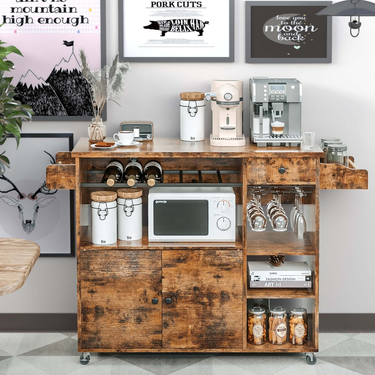 IRONCK Rolling Kitchen Island Cart with Drop-Leaf and Wine Rack, Microwave Rack Serving Cart on Wheels with Drawer & Shelves & Spice Rack & Cup Hanging, Vintage Brown IRONCK