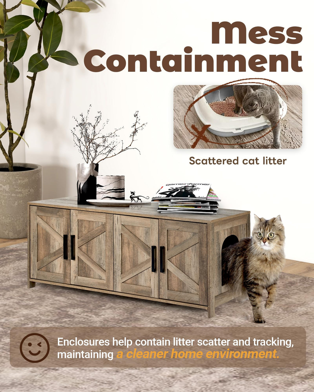 Upolana Cat Litter Box Enclosure, 48 inch Large Hidden Litter Box Furniture for 2 Cats, Double Wooden Kitty Litter Box Cabinet End Side Table, Greige Upolana